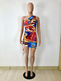 SC Colorful Printed One Shoulder Ruched Mini Dress YNSF-1636