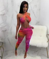 SC Sexy Tie Dye Halter Hollow Pants 2 Piece Sets JH-254