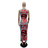 SC Fashion Sexy Sleeveless Lips Print Long Dress GHF-052