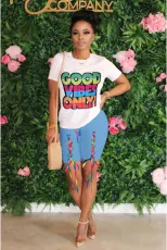 SC Casual Printed T Shirt+Lace Up Shorts 2 Piece Sets OMY-0028