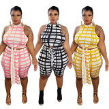 SC Fashion Casual Plus Size Plaid Vest Shorts Two Piece Sets WAF-7201
