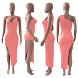 SC Sexy Solid Color Oblique Shoulder Split Dress NIK-246