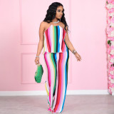 SC Fashion Casual Plus Size Striped Halter Top And Pants Two Piece Sets YIM-193