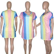 SC Colorful Striped V Neck Short Sleeve Casual Dress SH-390132