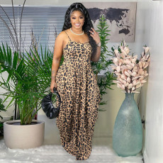 SC Leopard Print Sleeveless Pocket Strap Maxi Dress SH-390125