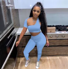 SC Sexy Solid One Shoulder Backless 2 Piece Pants Set YIBF-6084