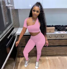 SC Sexy Solid One Shoulder Backless 2 Piece Pants Set YIBF-6084