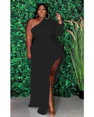 SC Plus Size Solid Color Sexy Single Sleeve Long Dress MOF-6630