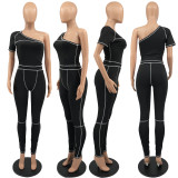 SC Fashion Slim Oblique Shoulder Top And Pants Two Piece Set IV-8225