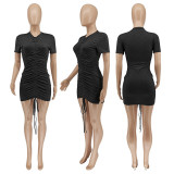 SC Solid Short Sleeve Ruched Slim Mini Dress WSYF-5876