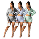 SC Casual Striped Shirt Top And Shorts 2 Piece Sets DDF-8109