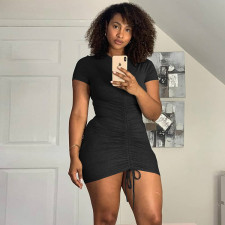 SC Solid Short Sleeve Ruched Slim Mini Dress WSYF-5876