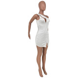 SC Oblique Shoulder Two-way Zipper Solid Color Sexy Mini Dress CYAO-011