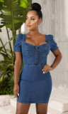 SC Plus Size Denim Short Puff Sleeve Bodycon Mini Dress LX-6899