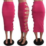 SC Sexy Solid Hole Hollow Out Long Skirt LX-6900