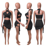 SC Sexy Solid Halter Hollow Bandage Mini Skirt 2 Piece Sets NIK-248