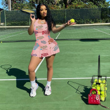 SC Letter Print Tennis Sleeveless Pleated Culottes Mini Dress YIBF-6085