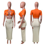 SC Sexy Short Sleeveless Hollow Long Skirt 2 Piece Sets NIK-247