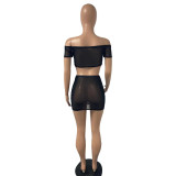 SC Sexy Mesh Perspective Ruched Two Piece Skirt Sets BDF-8079