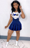SC Fashion Letter Print Short Sleeve And Sling Houndstooth Pleated Skirts 2 Piece Sets BLI-2287