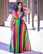 SC Plus Size Printed Sleeveless V Neck High Split Maxi Dress YFS-2042