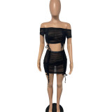 SC Sexy Mesh Perspective Ruched Two Piece Skirt Sets BDF-8079