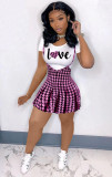 SC Fashion Letter Print Short Sleeve And Sling Houndstooth Pleated Skirts 2 Piece Sets BLI-2287