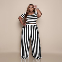 SC Plus Size Casual Striped Two Piece Pants Set BDF-8081