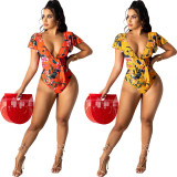 SC Floral Print V Neck Sashes One Piece Swimsuit WY-6773
