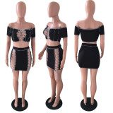 SC Plus Size Solid Off Shoulder Lace Up Mini Skirt 2 Piece Sets LX-5802