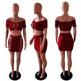 SC Plus Size Solid Off Shoulder Lace Up Mini Skirt 2 Piece Sets LX-5802