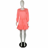SC Plus Size Solid High Waist Long Sleeve Pleated Mini Dress QYF-5067