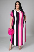 SC Plus Size V-neck Striped Print Short Sleeve Split Dress BMF-063