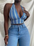 SC Plus Size Sexy Striped Deep V Neck Halter Crop Top BLI-2370