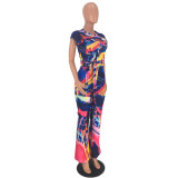 SC Fashion Tie-dye Printed Short Sleeve And Pants Two Piece Sets AWN-5041