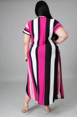SC Plus Size V-neck Striped Print Short Sleeve Split Dress BMF-063