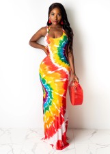 SC Tie Dye Print Cross Strap Split Maxi Dress WY-6763