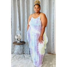 SC Plus Size Tie-dye Printed Loose Spaghetti Strap Irregular Dress BMF-064