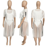 Plus Size Fashion Bodysuit+Mesh Skirt Set Three Piece Sets ME-S864