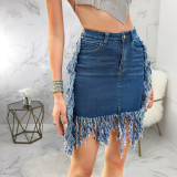 SC Plus Size Denim Tassel Bodycon Mini Skirt HSF-2556