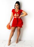 SC Sexy Solid Lace-Up Ruffled Hollow Mini Dress BS-1272