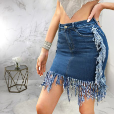 SC Plus Size Denim Tassel Bodycon Mini Skirt HSF-2556