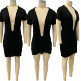 SC Sexy Solid Deep V Neck Short Sleeve Mini Dress FNN-8616