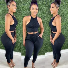 SC Casual Solid Sleeveless Two Piece Pants Set FNN-8617