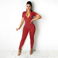 SC Sexy Hole Short Sleeve Hollow Out Jumpsuit YIBF-6088