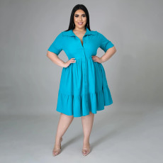 SC Plus Size Solid High Waist Short Sleeve Shirt Dress BMF-068