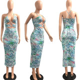 SC Sexy Printed Hollow Out Cross Strap Maxi Dress JPF-1048