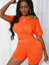 SC Solid Off Shoulder Hollow Out Two Piece Shorts Set SXF-25118
