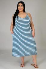 SC Plus Size Casual Striped Sleeveless Strap Midi Dress BMF-067