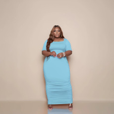 SC Plus Size Solid Short Sleeve Ruched Maxi Dress BMF-066